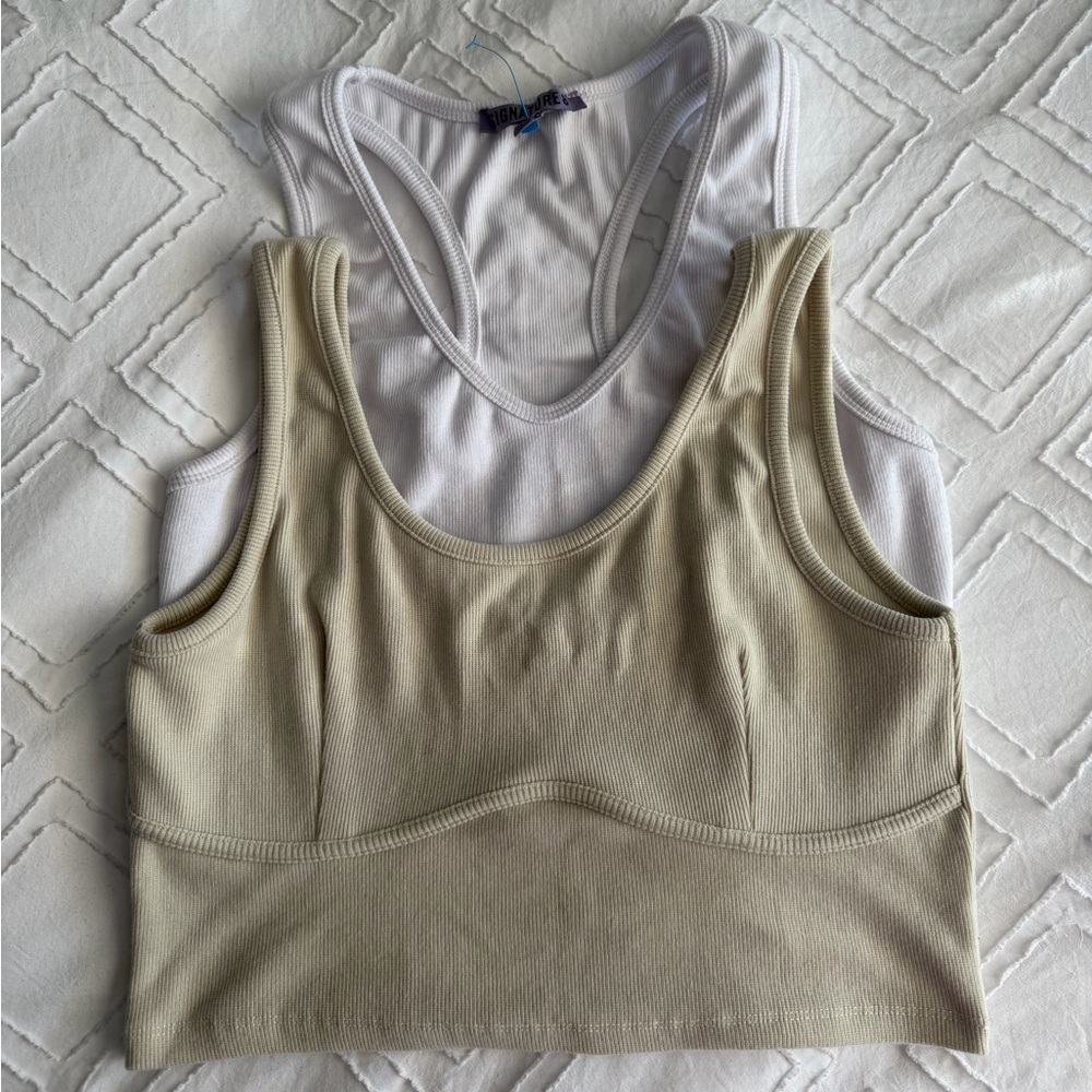 Signature8 Dual Pack White and Cream Ribbed Tank Tops